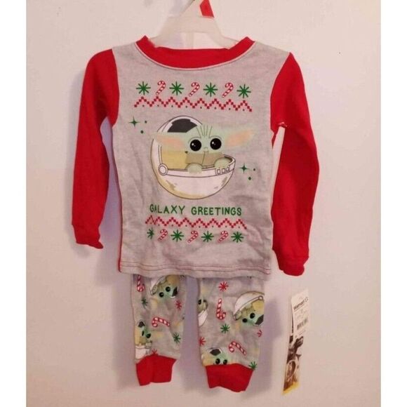 2pc Disney Star Wars Christmas Pajama Set Mandalorian Yoda L. Sleeve Toddler 2T - Picture 1 of 3